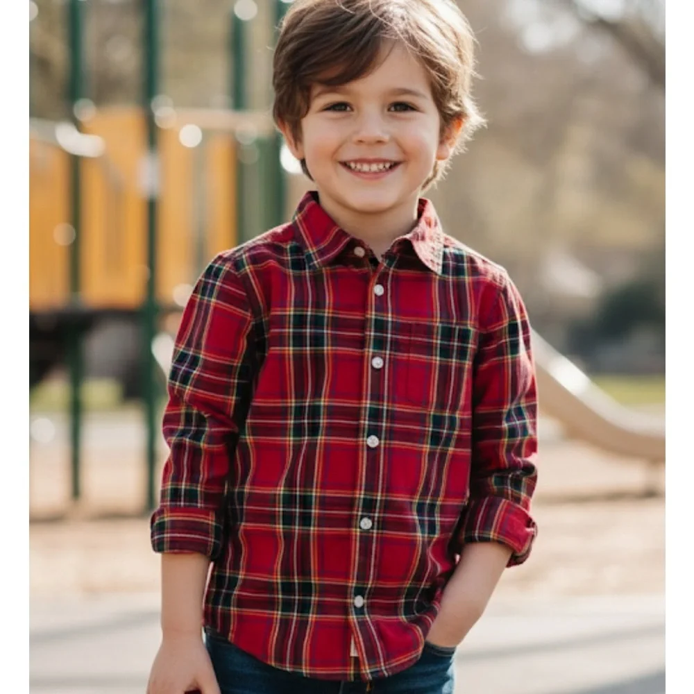 THE CHILDREN’S PLACE Plaid Button-Up Shirt, Boys Size 7/8, Red Green